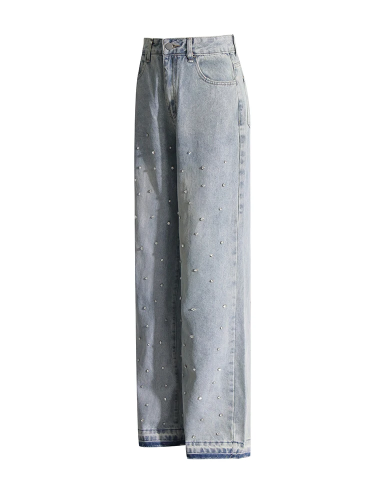 GALCAUR Spliced Botton Trousers For Women High Waist Patchwork Diamonds Denim Pants Fashion Loose Female Casual Clothing 2024