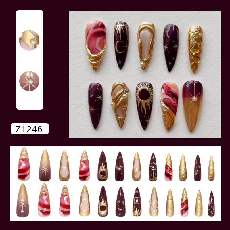 Long Stiletto Press on Nails Red Gold Moon Star Fake Nails Sun Pattern False Nails 3d Gilding Press on Nails Gradient Star Nails