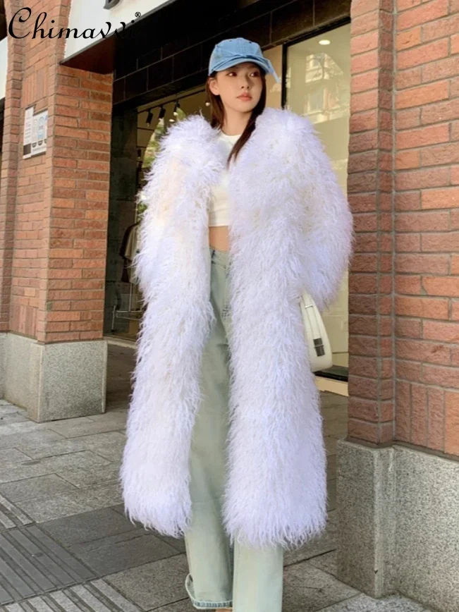 Autumn and Winter New High-end Fashion Light Blue Fur Coat Loose Elegant Warm Imitation Beach Wool Long Lamb Wool Coat Women