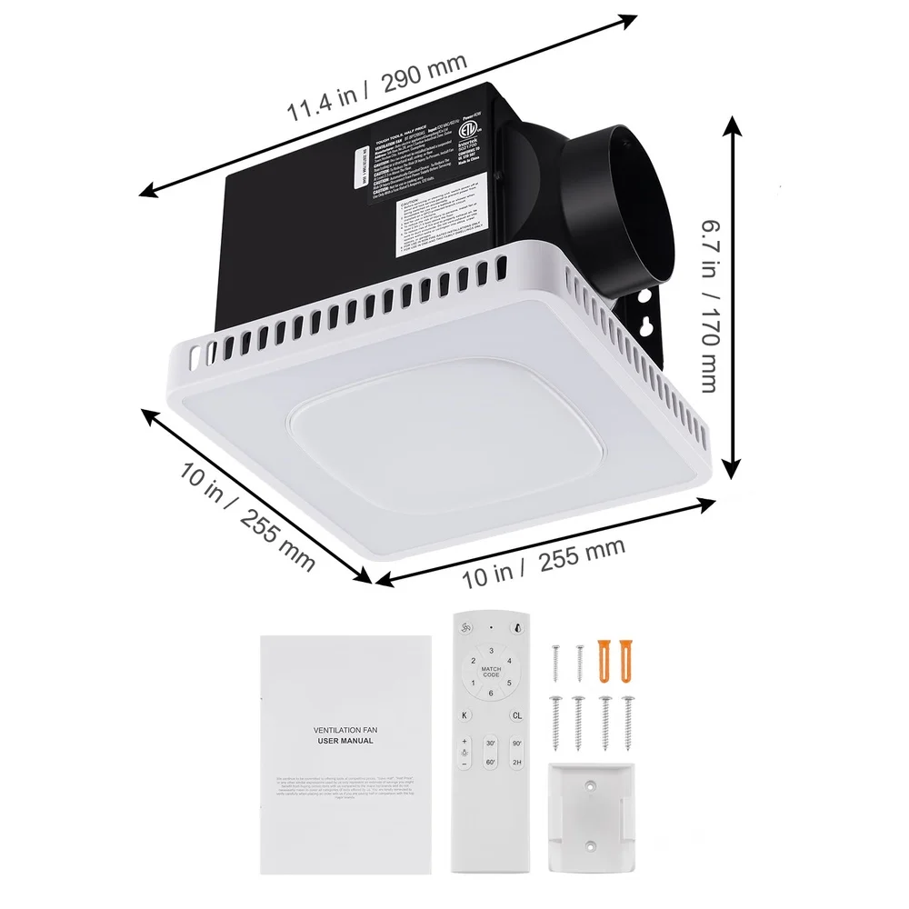 مروحة عادم الحمام الهدوء مع 8 ألوان LED 110 CFM مستشعر الرطوبة مؤقت مقاوم للرطوبة تصميم متين سهل