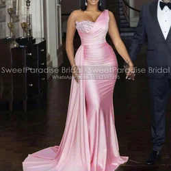 Beads Appliques One Shoulder Bridesmaid Dresses With Streamer Pleat Mermaid Customized Long Wedding Party Dress Maid Of Honor