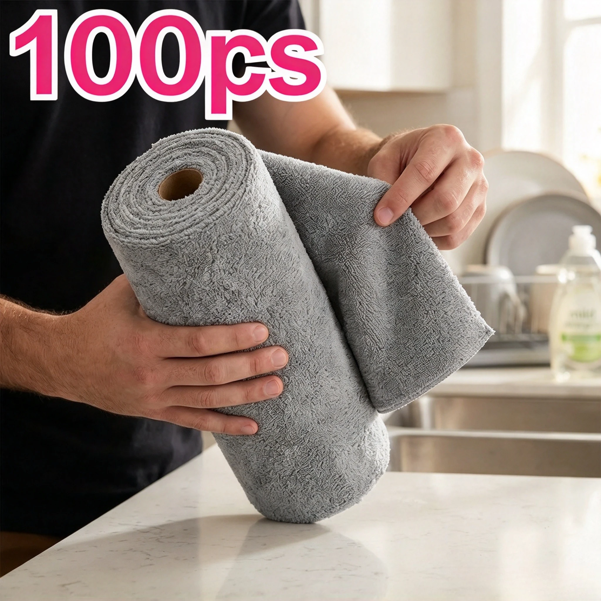 100-count Extra-large, Thickened Polyester Cleaning Cloths, Highly Absorbent and Lint-free Wiping Cloths, Reusable Disposable Towels, Suitable for Home, Kitchen, and Car Use, Roll-style Tear-off Cleaning Wipes