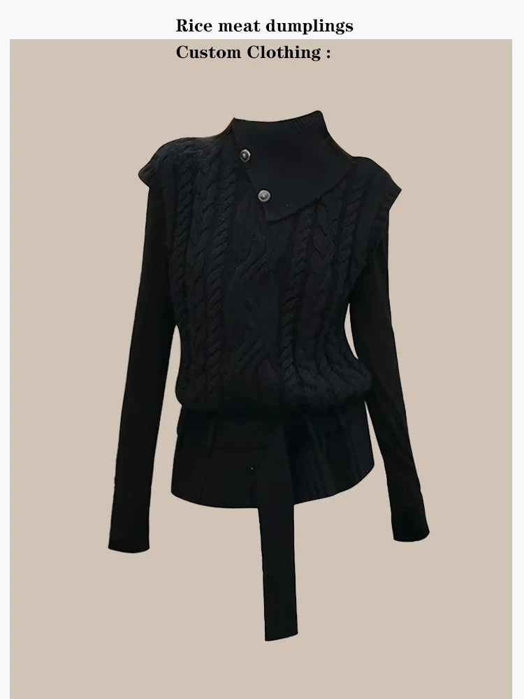 

Retro Style Knitted Vest Sleeveless Woolen Twist Flower Pattern Coarse Needle Black Fashionable Top for Women Winter Wear