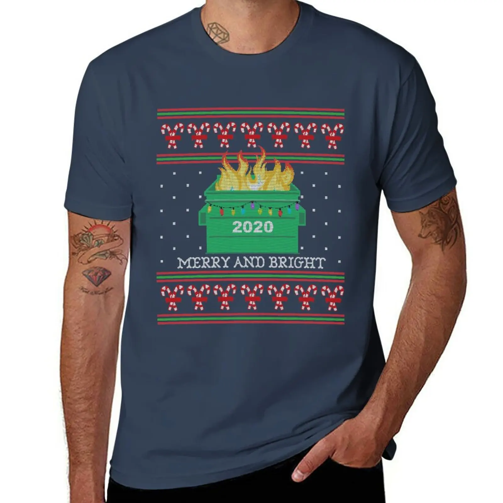 New Merry and Bright: 2020 Dumpster Fire Ugly Christmas Sweater-style T-Shirt tees funny t shirts t shirt man tshirts for men