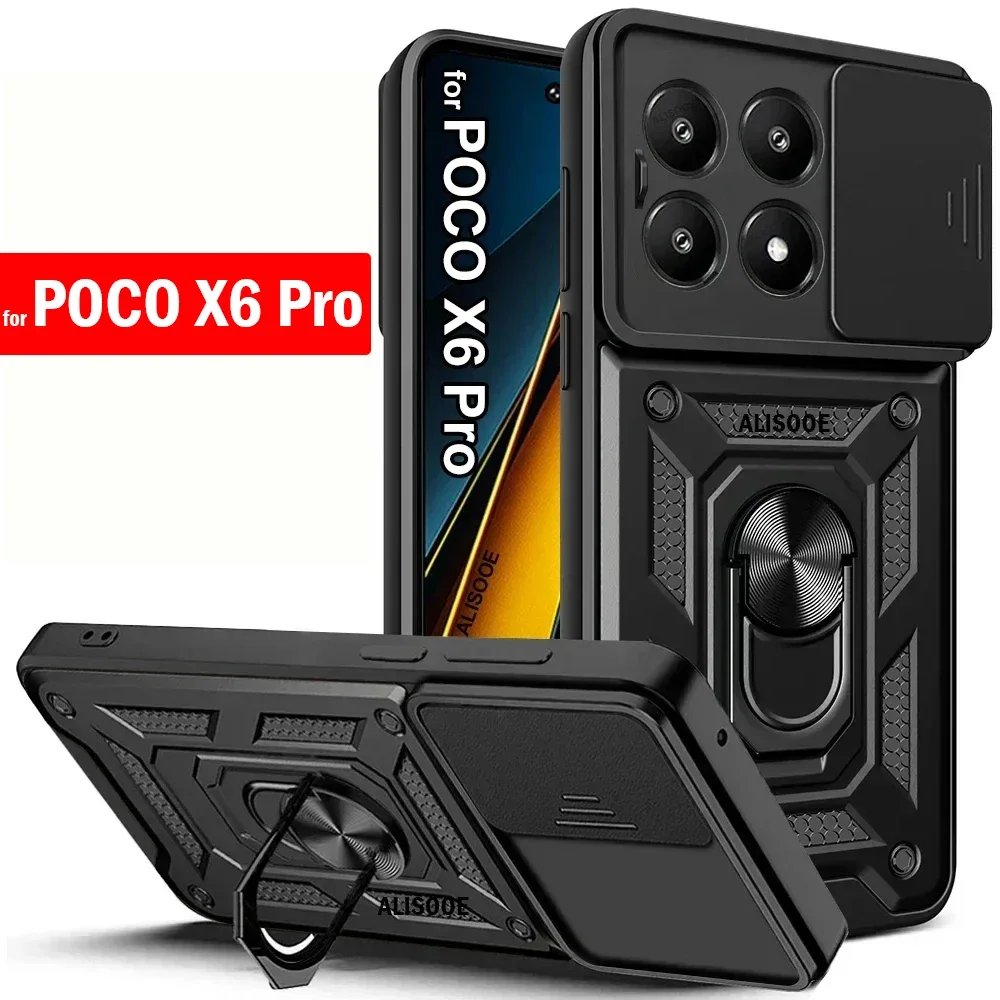 Capa For POCO X6 Pro 5G Case Armor Slide Camera Lens Protection Phone Cover for POCO X6 Pro Ring Stand Shockproof Funda