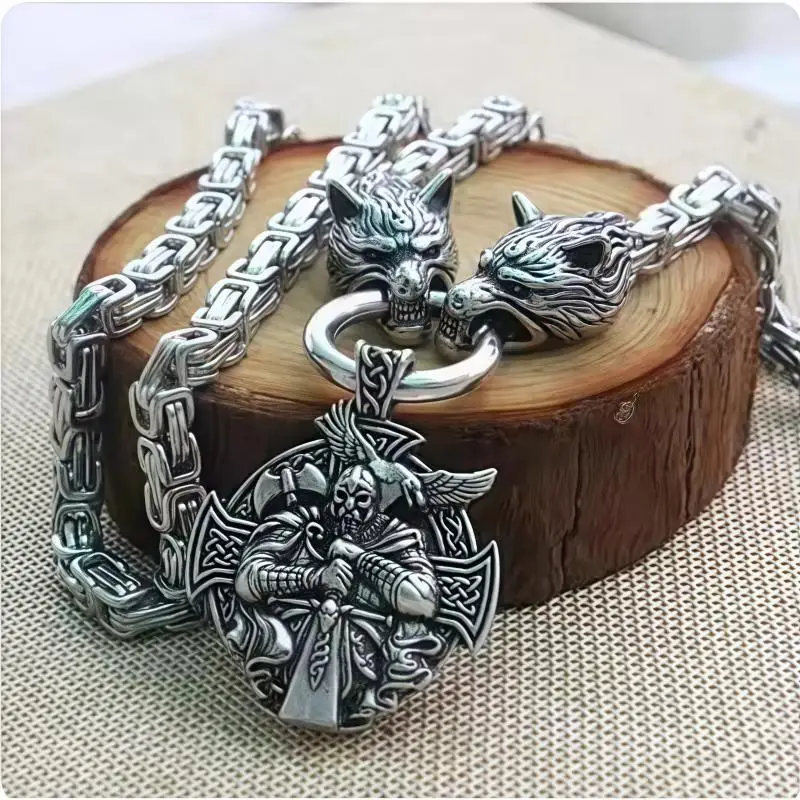 قلادة رجالية من الفولاذ المقاوم للصدأ مع قلادة على شكل رأس الذئب ورأس الأفعى وسلسلة كينغ، مجوهرات تميمة إسكندنافية كلاسيكية من فايكنغ