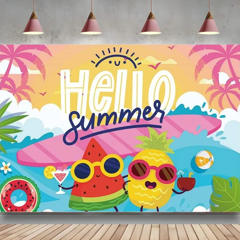 

Hello Summer Backdrop Hawaii Theme Tropical Palm Tree Ocean Fruit Cartoon Friends Photography Background Party Decoration Banner