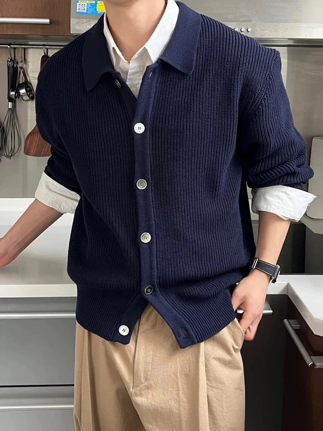 American Style Retro Knitted Jacket Men's Long Sleeve Open Cardigan Collar Button Workwear Sweater Outerwear Texture Sensation
