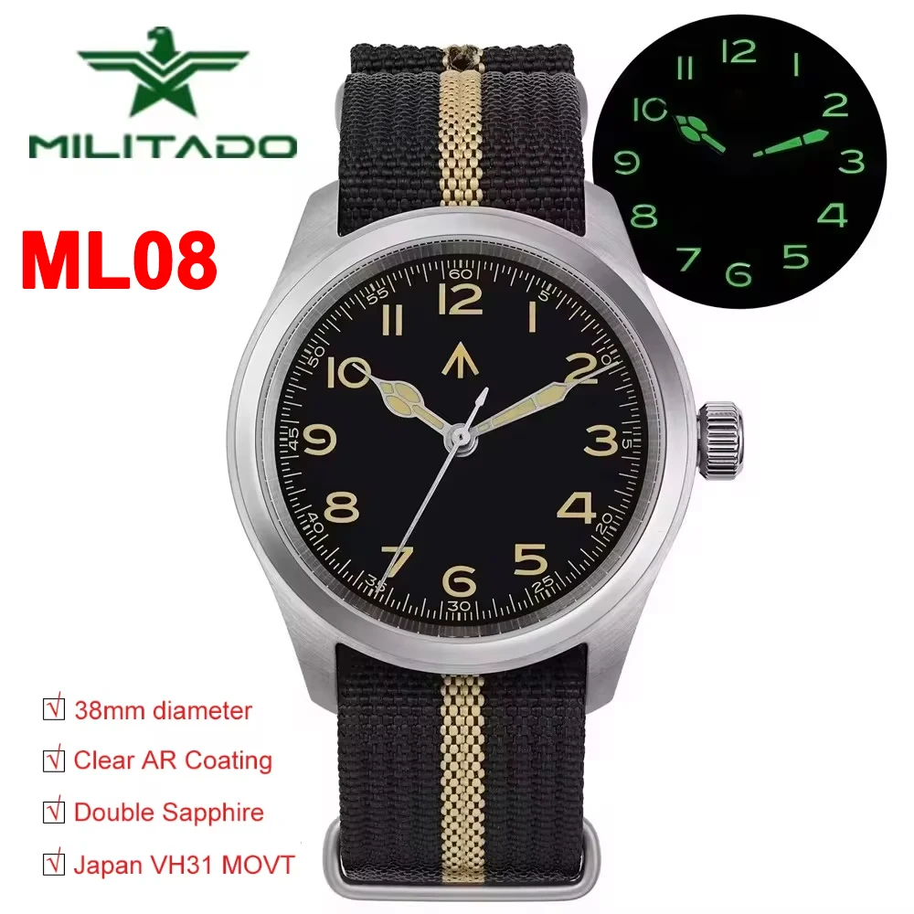 Militado ML08 시계 VH31 쿼츠 무브먼트 시계, 야광 사파이어 더블 돔 크리스탈, 방수 빈티지 손목시계, 38mm