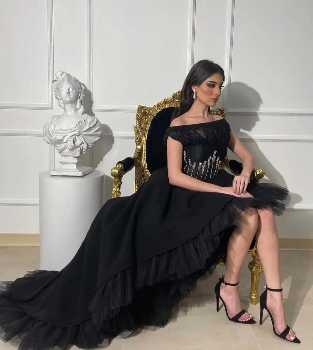 Merida Crystal Tulle Arabia Formal Dresses Black Ruffle Off-The-Shoulder A-Line Asymmetrical Homecoming Graduation dresses