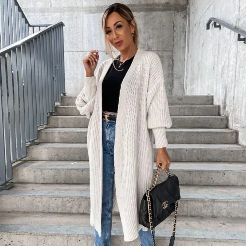 Ardm Casual Cardigan Women Lantern Sleeve Lace Up Knitted Sweater White Cardigan Vintage Tops Auturn And Winter Outwear Coat