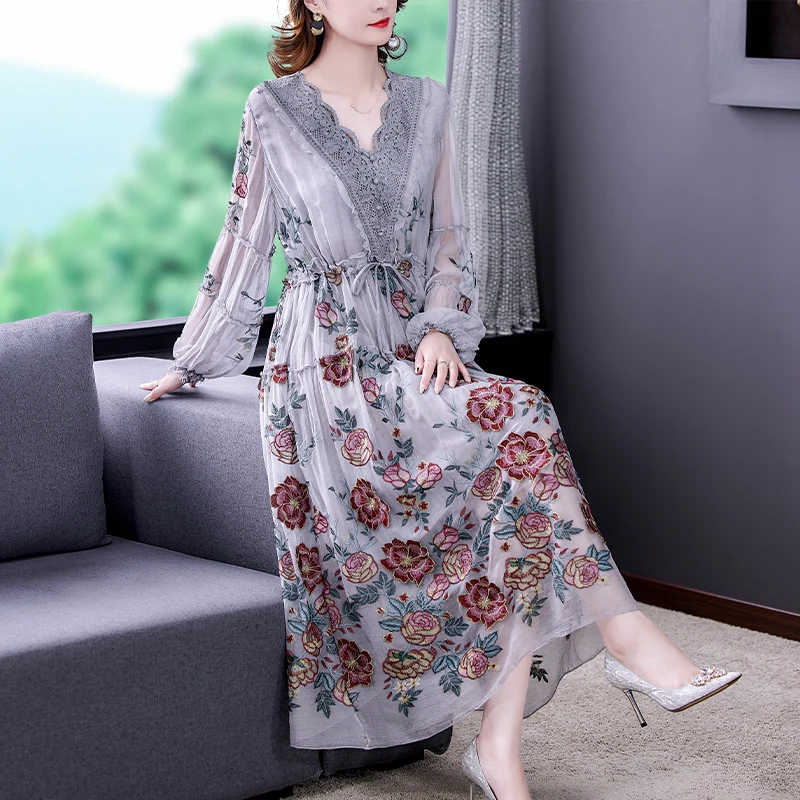 Embroidered Dress Women's 2022 Summer New Large Size Loose Floral Casual Print Skirt High-end Temperament Party Wear Vestidos