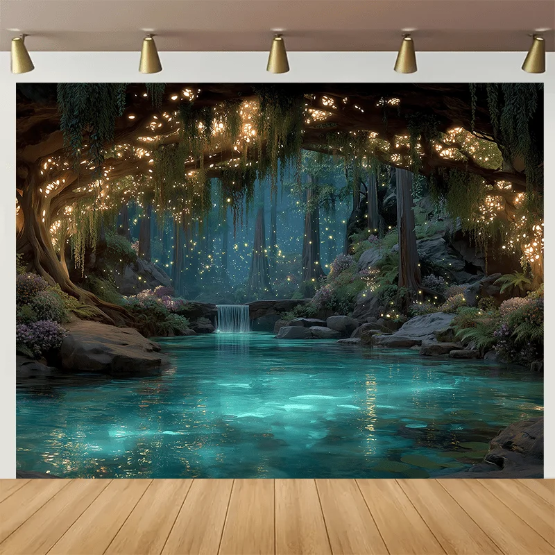 1 Stück Magic Tree Hole Pflanzenlandschaft Polyester-Hintergrundstoff – leuchtende Feenlampen und dunstige Waldszenen, Heimdekoration