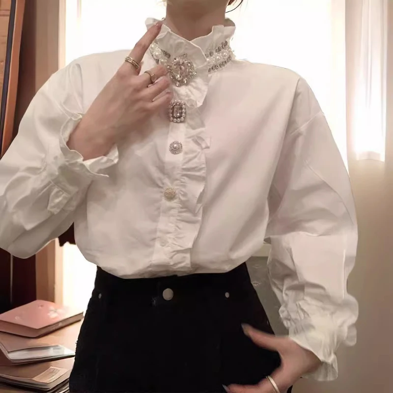 French Royal Style Stand Collar Ruffle White Shirt Female 2024 Spring New Heavy Industry Rhinestone Long Sleeve Shirt Top Women