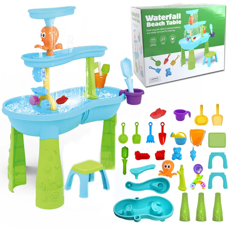 Children Beach Water Table Summer Sand Toys Three Level Outdoor Water Play Waterfall Table Seaside Sand Shovel Tools Kids Gifts