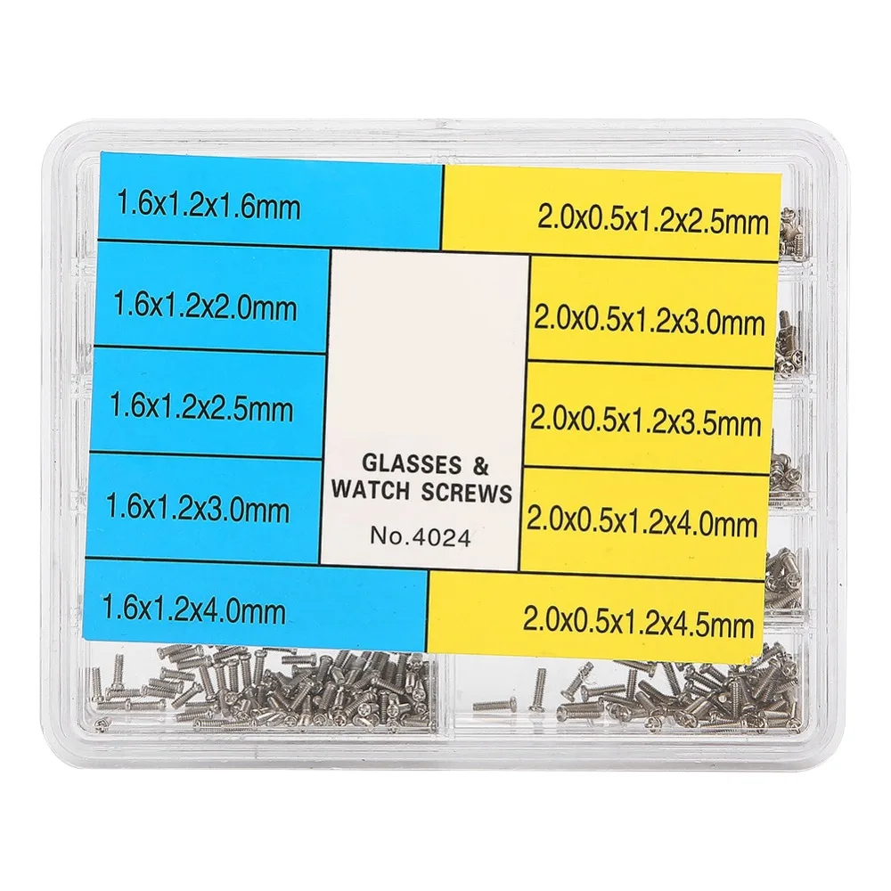 1000Pcs Silver Watch Eyeglass Screw Kit Iron Multiple Sizes Watch Back Cover Replacement Screws Boxed Spectacle Screw Assortment