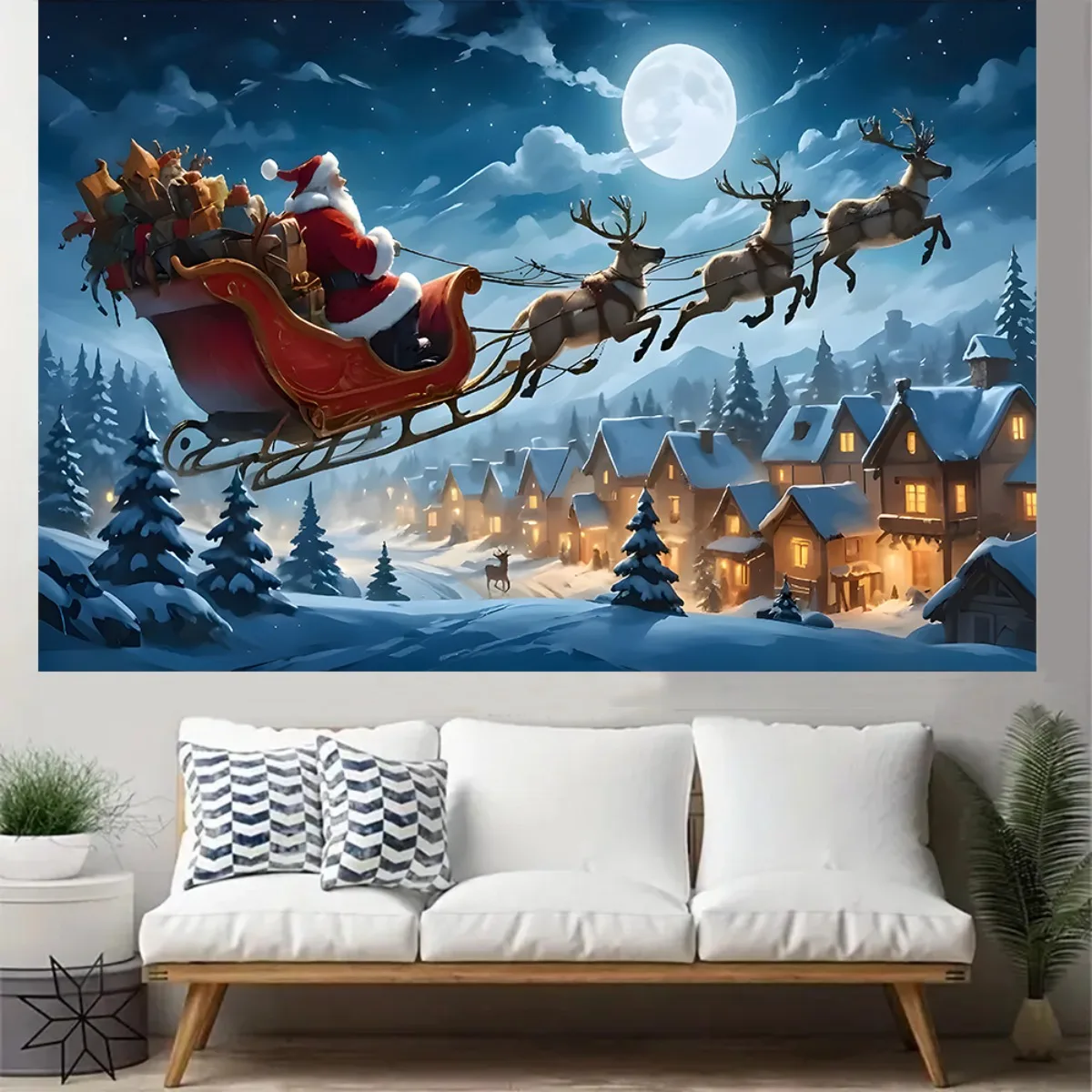 1 pancarta navideña de fondo súper grande, escena de pueblo nevado de renos y trineo de Papá Noel, tela de poliéster duradera, sin electricidad