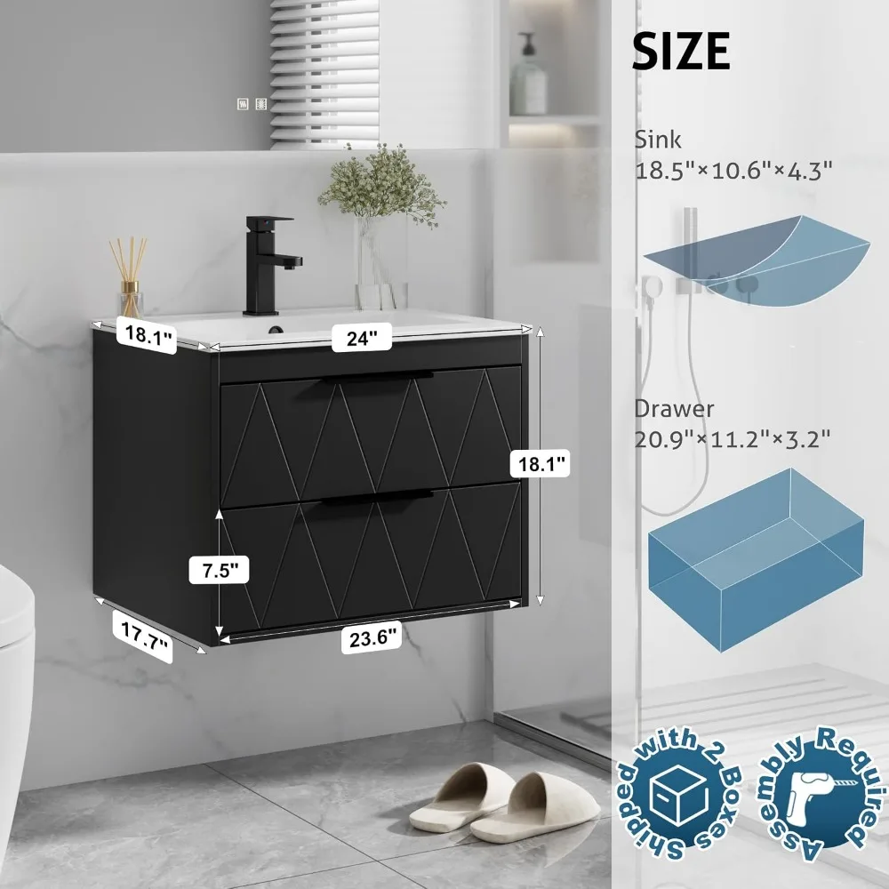 24 Inch Floating Bathroom Vanity with Sink, Wall Mounted Cabinet, Soft Close Drawers, White, Black