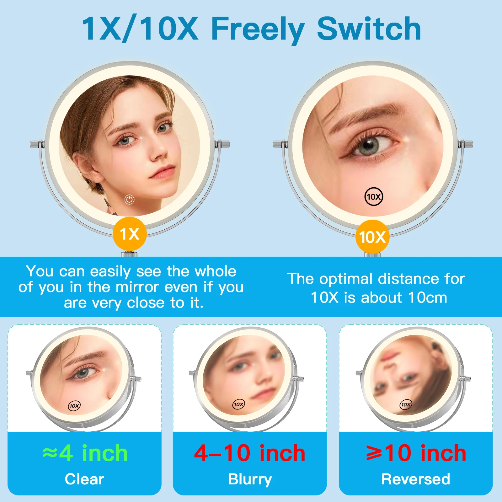 8-Zoll-Schminkspiegel mit Lichtlampe, 10-fache Vergrößerung, 3-farbige Lichter, höhenverstellbarer, stehender Kosmetikspiegel
