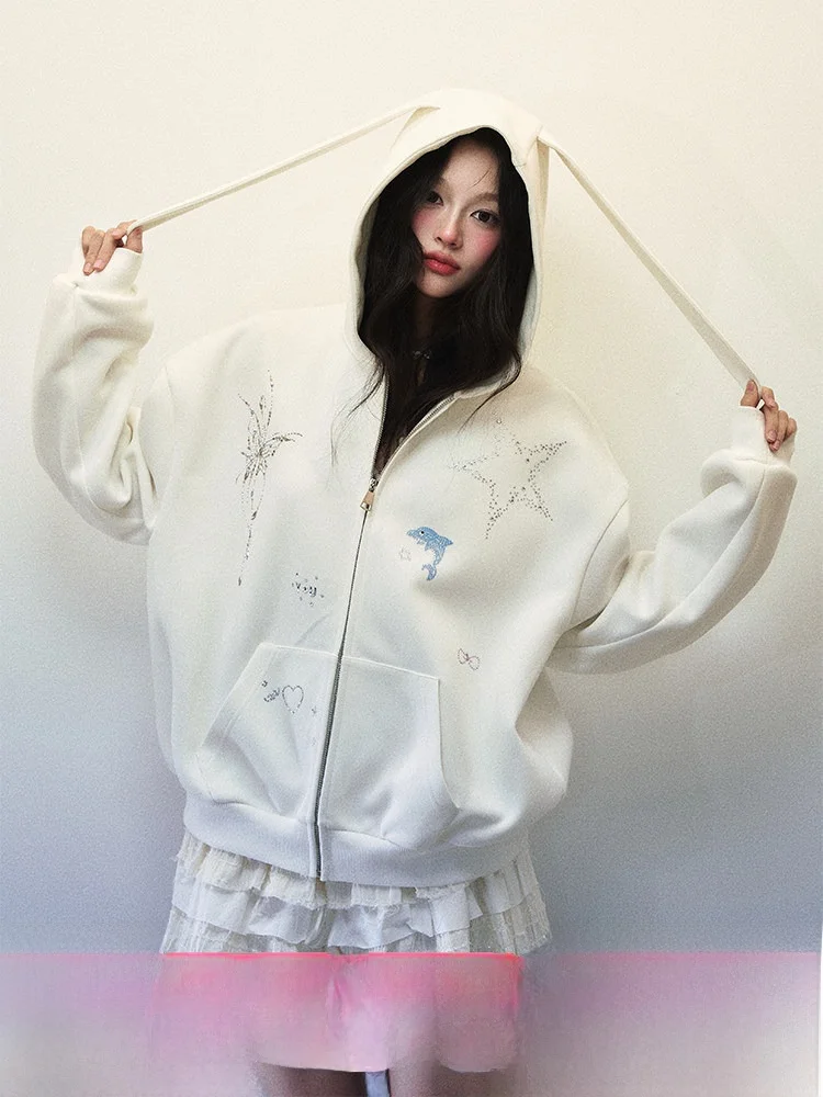 

Casual Spring Two-Piece Set Women's Loose Fit Hoodie And Straight Leg Pants Glitter Design Comfortable Streetwear