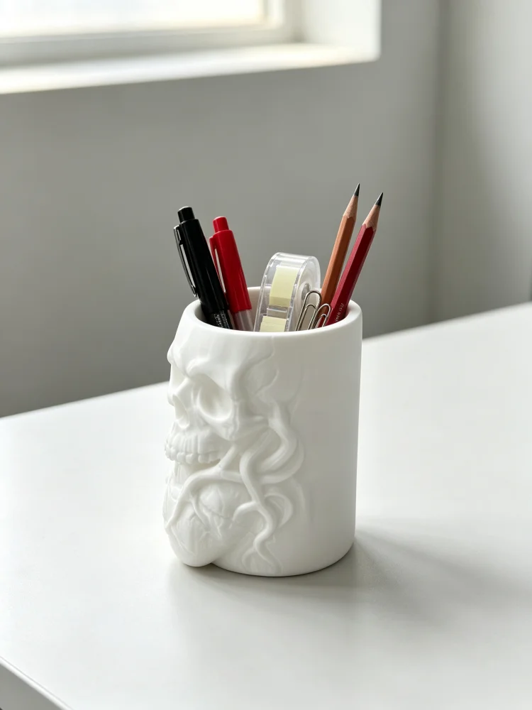 Creative and Novel Skull Heart Embossed Pen Holder, Gothic Dark Aesthetic Skeleton-Shaped Pencil Holder, Petg Matte White Hard Plastic Desktop Pen Cup, Desktop Storage Container, Stationery Organizer, Office Supplies, Home Office Study Area Decoration, Storage for Pens, Pencils, Markers, Scissors, Small Stationery Items, Spooky Room Desktop Accessories, Unique Halloween Decoration, a Must-Have Desktop Item