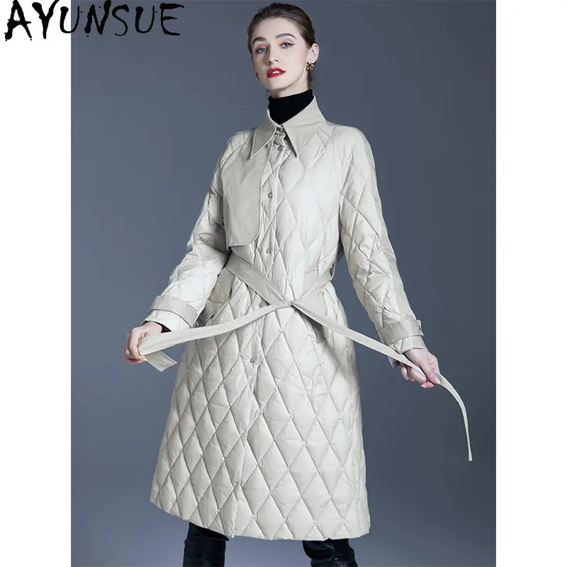 AYUNSUE Light Thin Down Jackets for Women Puffer Jacket Women Winter Elegant Rhombus Down Coat Long Down Coats Abrigo Mujer SGG