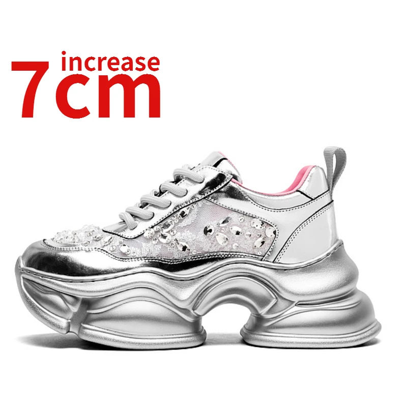 Black/Silver Dad's Shoes for Women's Increased 7cm Hand Sewn Breathable Sports Casual Shoes Comfortabl Fashionable Elevator Shoe