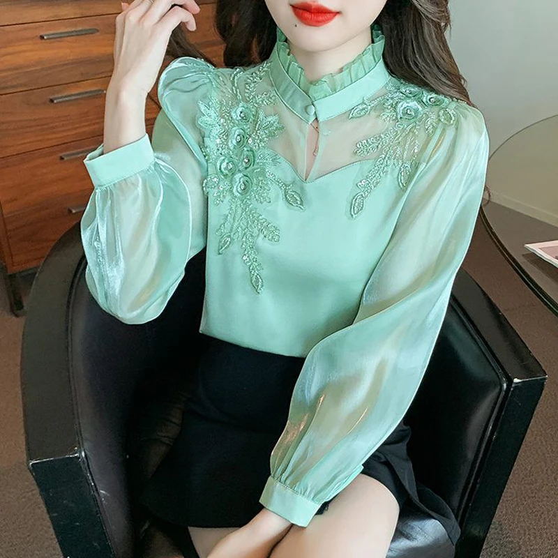 Women Satin Vintage Embroidery Elegant Blouses Spring Autumn Fashion Stand Collar Sexy Hollow Shirts Green Long Sleeve Chic Tops