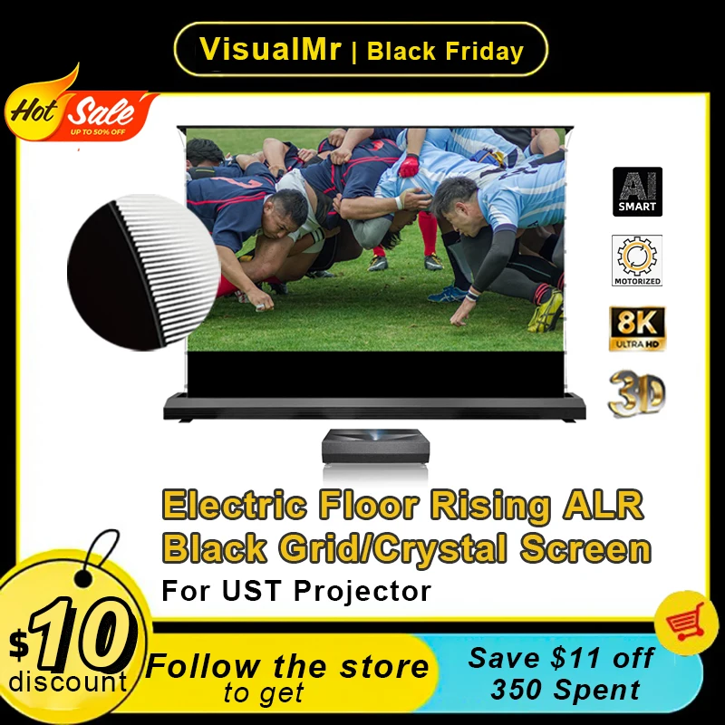 

Горячий электрический пол, черная сетка ALR UST, проекционный экран, 150 дюймов, натяжение вкладки, отклонение окружающего света для коротких проекторов