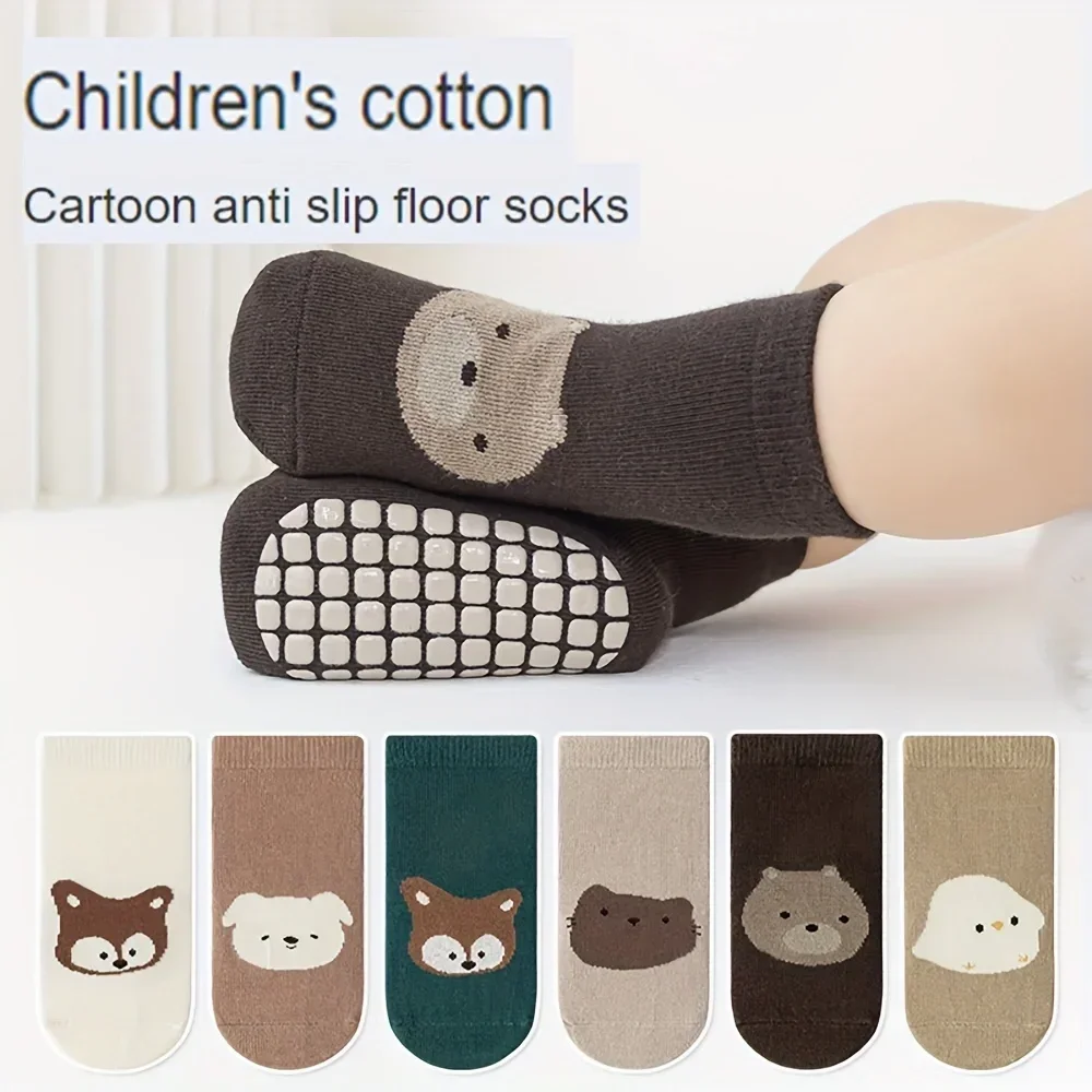 6 Paar Herbst- und Winter-Baby-Trampolin-Socken mit großflächigem Klebepunkt, rutschfeste Bodensocken für Babys und Kleinkinder, große Cartoon-Muster – Detail 1