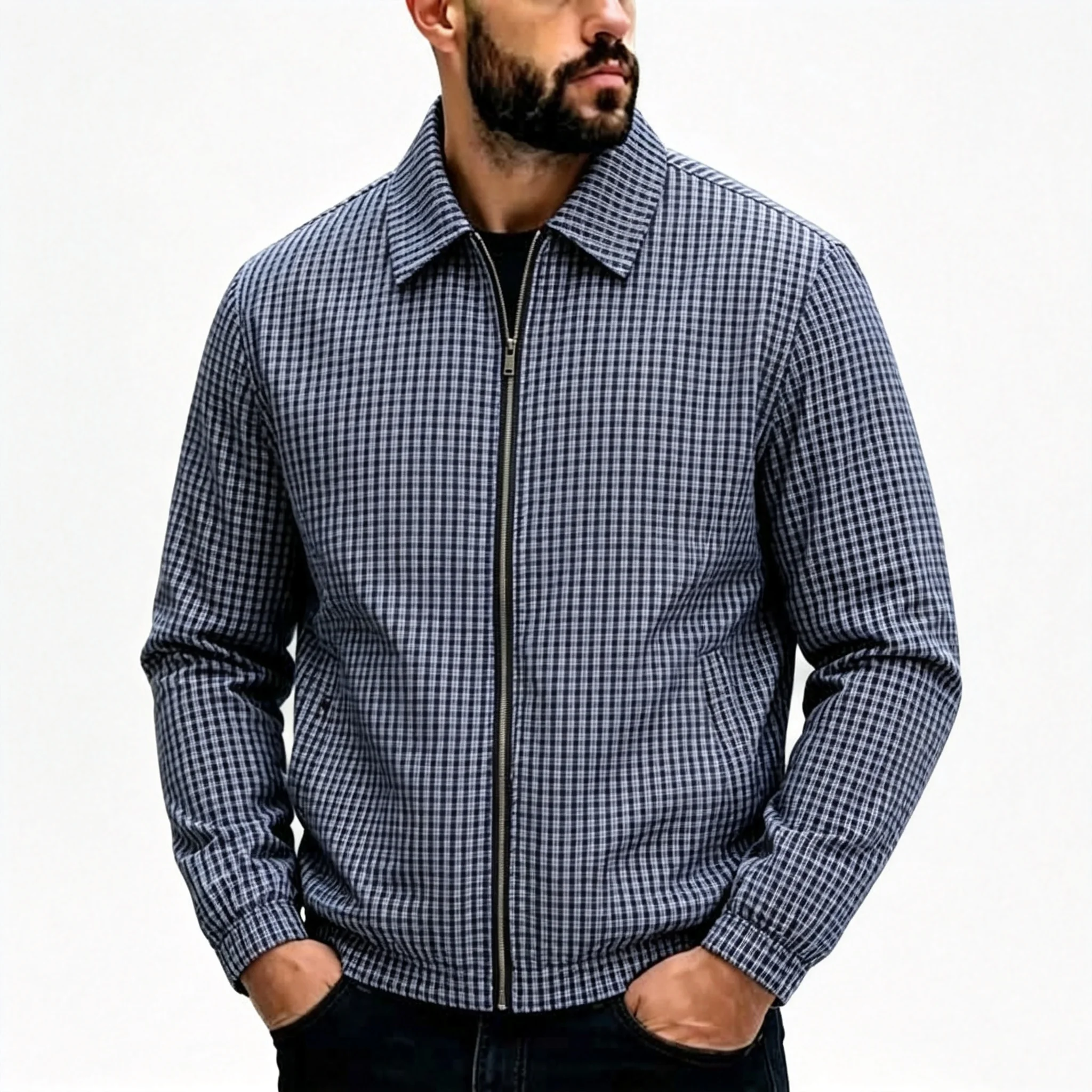 New Men's Plaid Jacket Fashion Casual Versatile Checkered Coat Solid Color Lightweight Outerwear Stylish