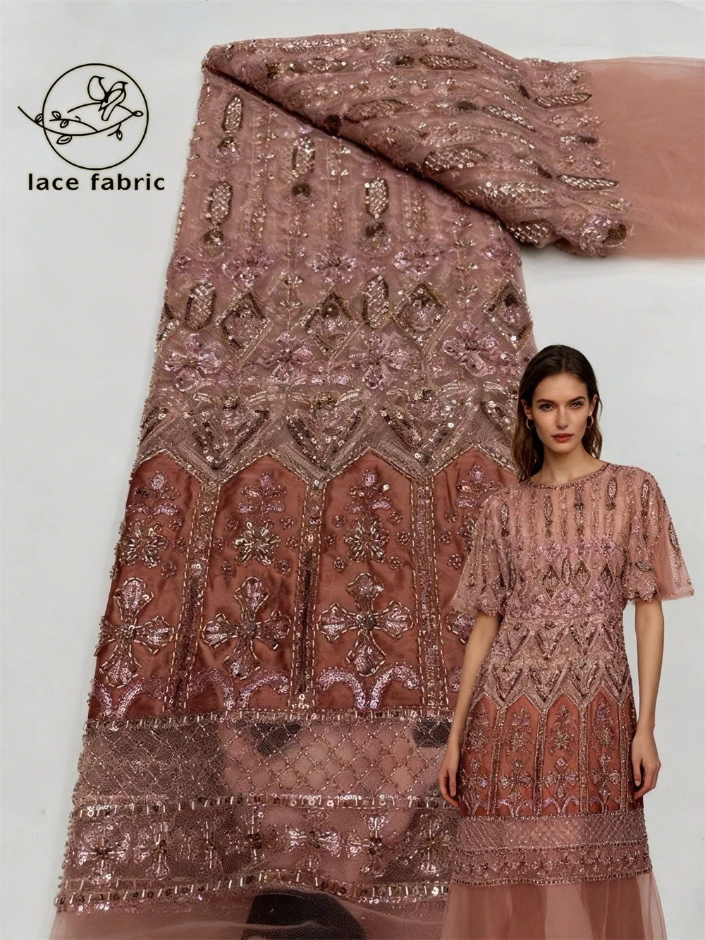 

African Beaded Lace Fabric 2026 High-Quality Nigerian Tulle Mesh Sequined Lace Fabric Suitable for Sewing Women's Dress Garments