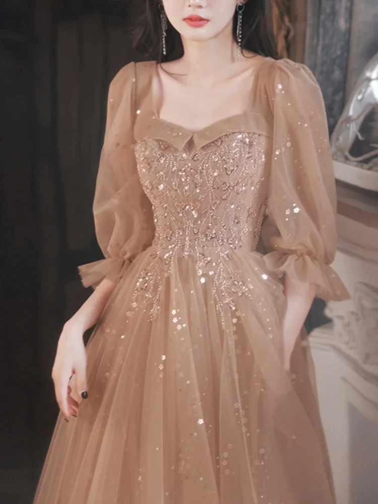 Customized 2024 Spring Summer Party Dress Square Collar Long Puff Sleeve Evening Dress Sequined Appliques Mesh Tiered Design Pro