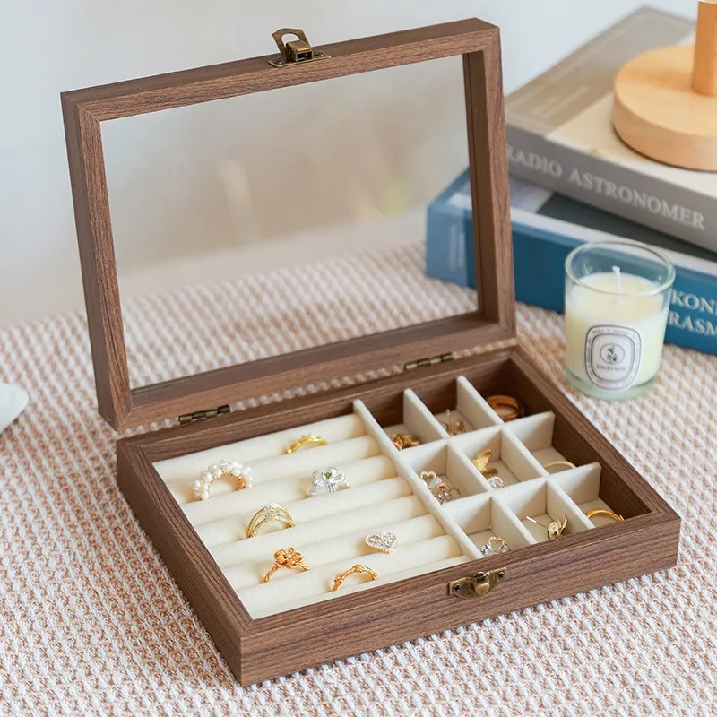 

Transparent Jewelry Storage Boxes Large Capacity Rings Ornament Case Bracelet Earrings Organizer Cases Wooden Jewellery Box