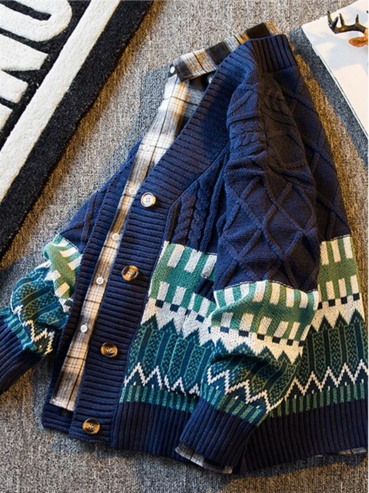 Men's Knitted Cardigan Sweater V-Neck Fleece-Lined Casual Top Long Sleeve round Neck Fashionable Autumn 2024 New Arrival