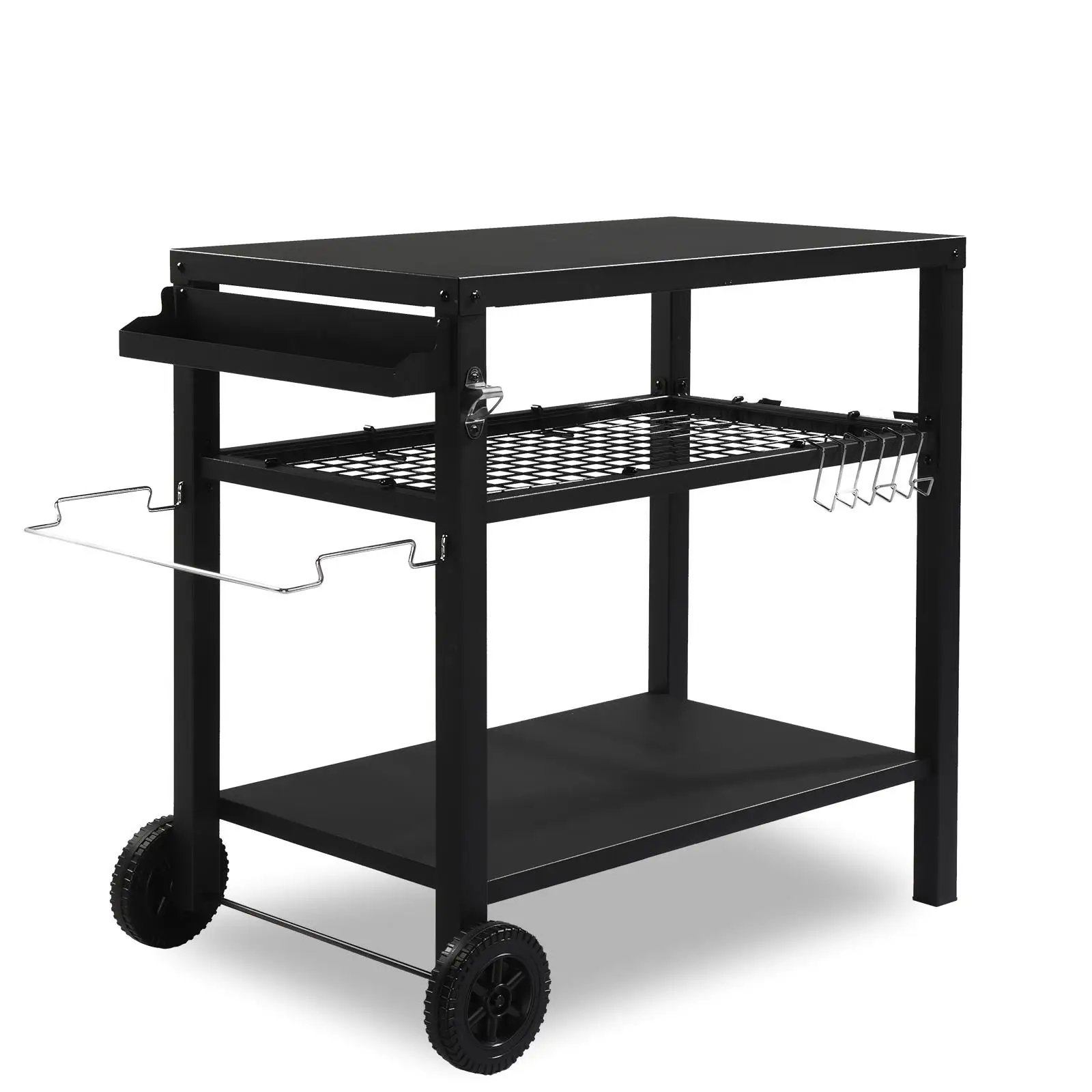 Portable Outdoor Grill Cart with 3 Shelves, Movable BBQ Trolley & Hooks, Black Food Prep Table