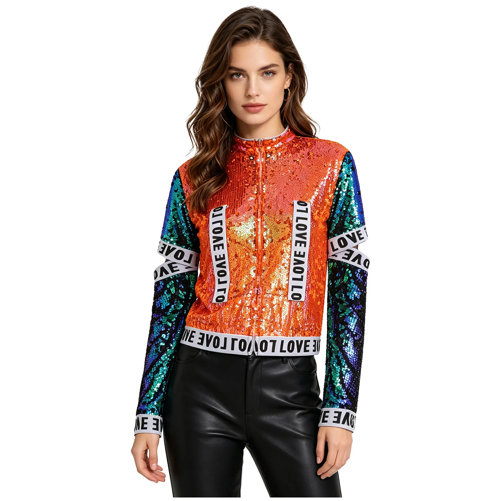 Womens Jazz Hip Hop Dance Glittery Sequin Baseball Jackets Cutout Long Sleeve Zipper Fully Lining Coat Music Festival Streetwear