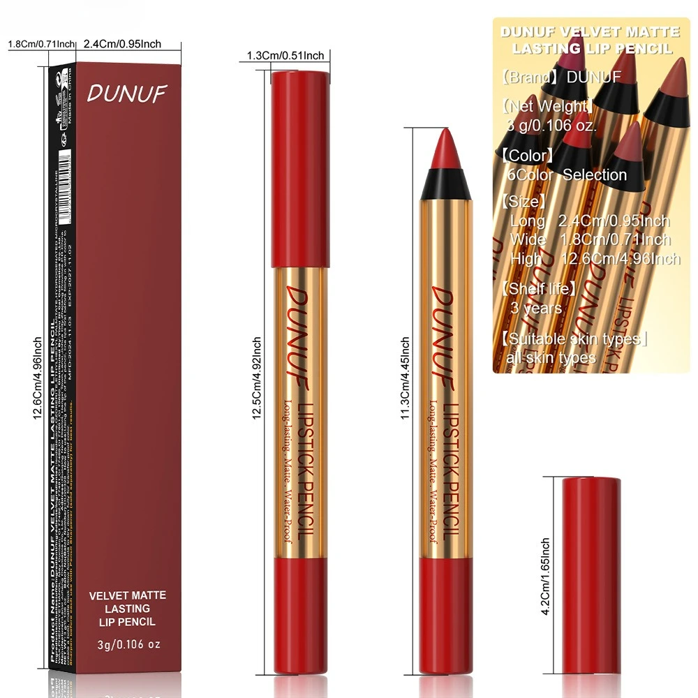 6-kleuren matte lipliner Langdurig waterdicht overdrachtbestendig fluwelen afwerking Lipmake-uppotlood voor nauwkeurige definitie