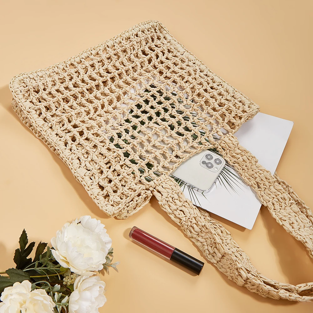 Summer Hand-Woven Handbags Handmade Hollow Weaving Underarm Bag Casual Simple Portable Net Crochet Exquisite for Seaside Holiday