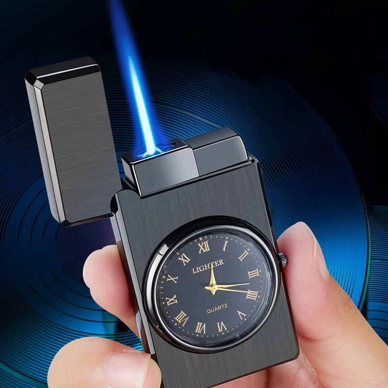 New Loud Clock Inflatable Windproof Straight Blue Flame Watch Lighter Metal Turbo Flashlight Lighter Unusual Lighter Men\'s Gift