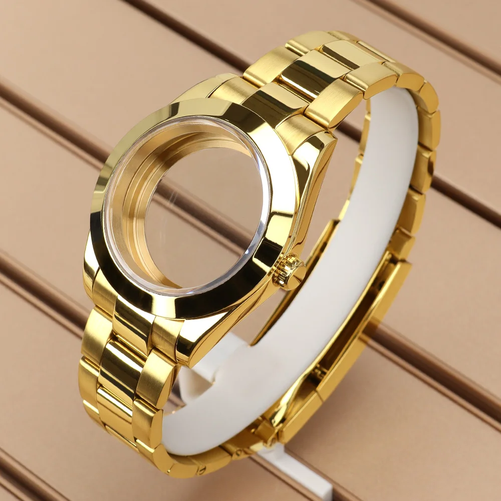 Women's Luxury Gold 36mm/39mm Bevel Edge Watch Case Sapphire Glass For NH34 NH35 NH36/38 Miyota 8215 Movt Polished Oyster Strap
