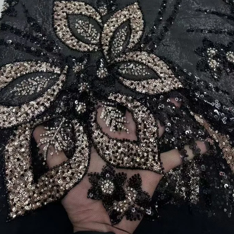 

Luxury Exquisite High-end Floral Embroidery Fabric Handmade Beaded Sequin Tulle Lace Full Beads For Sewing Women Wedding Dress