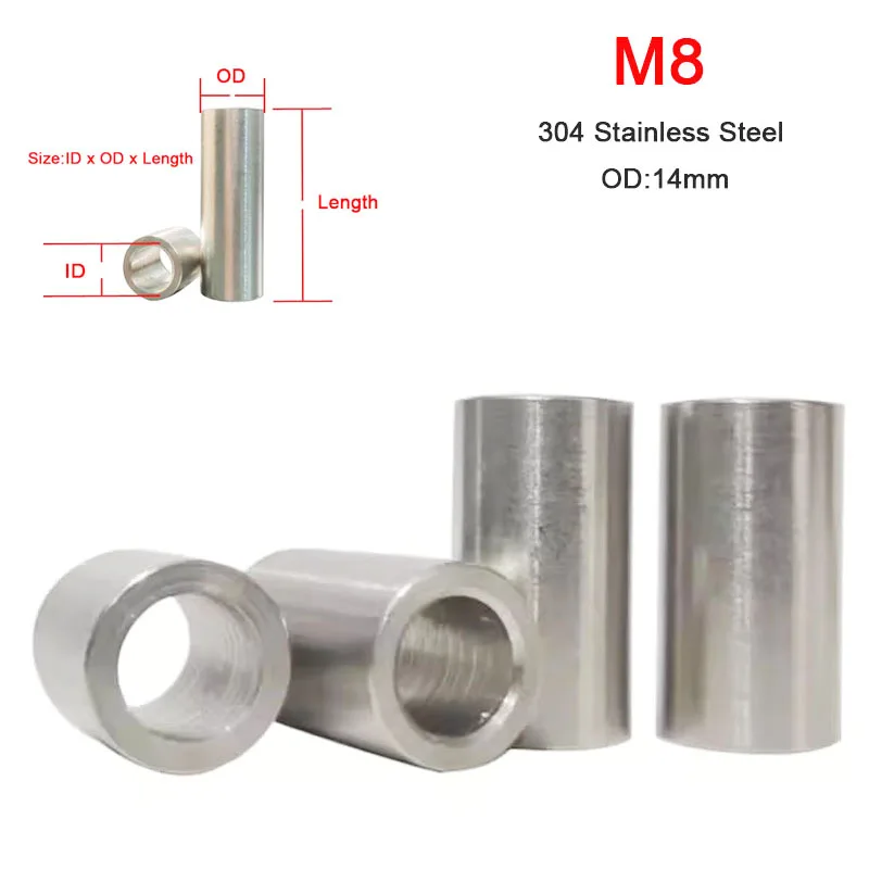 Id 8mm Od 14mm Steel Bush 304 Stainless Steel Bushing M8 Washer Round Hollow Unthreaded Standoff Spacer Gasket Sleeve