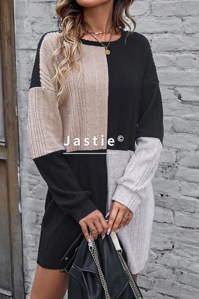 

Женское платье-свитер в рубчик с цветными блоками, свободное мини-платье с длинным рукавом и круглым вырезом, мягкое вязаное повседневное осенне-зимнее платье для женщин