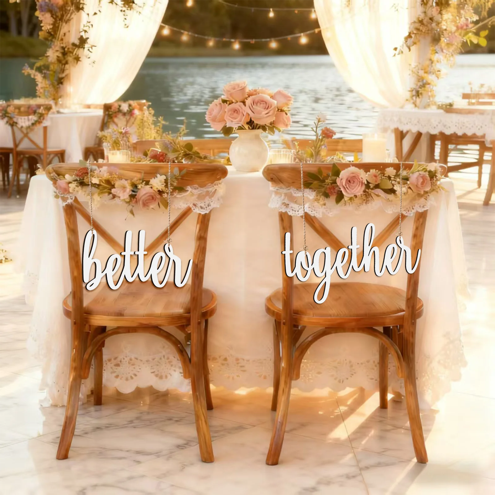لافتات كرسي أفضل معًا - مجموعة زفاف خشبية بيضاء، لافتات كرسي مكونة من قطعتين للاستقبال، ديكور زفاف ريفي