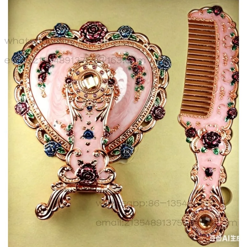 new-r8-color-tin-metal-mirror-comb-set-rose-gold-folding-mirror-comb-heart-shaped-transfer-beads