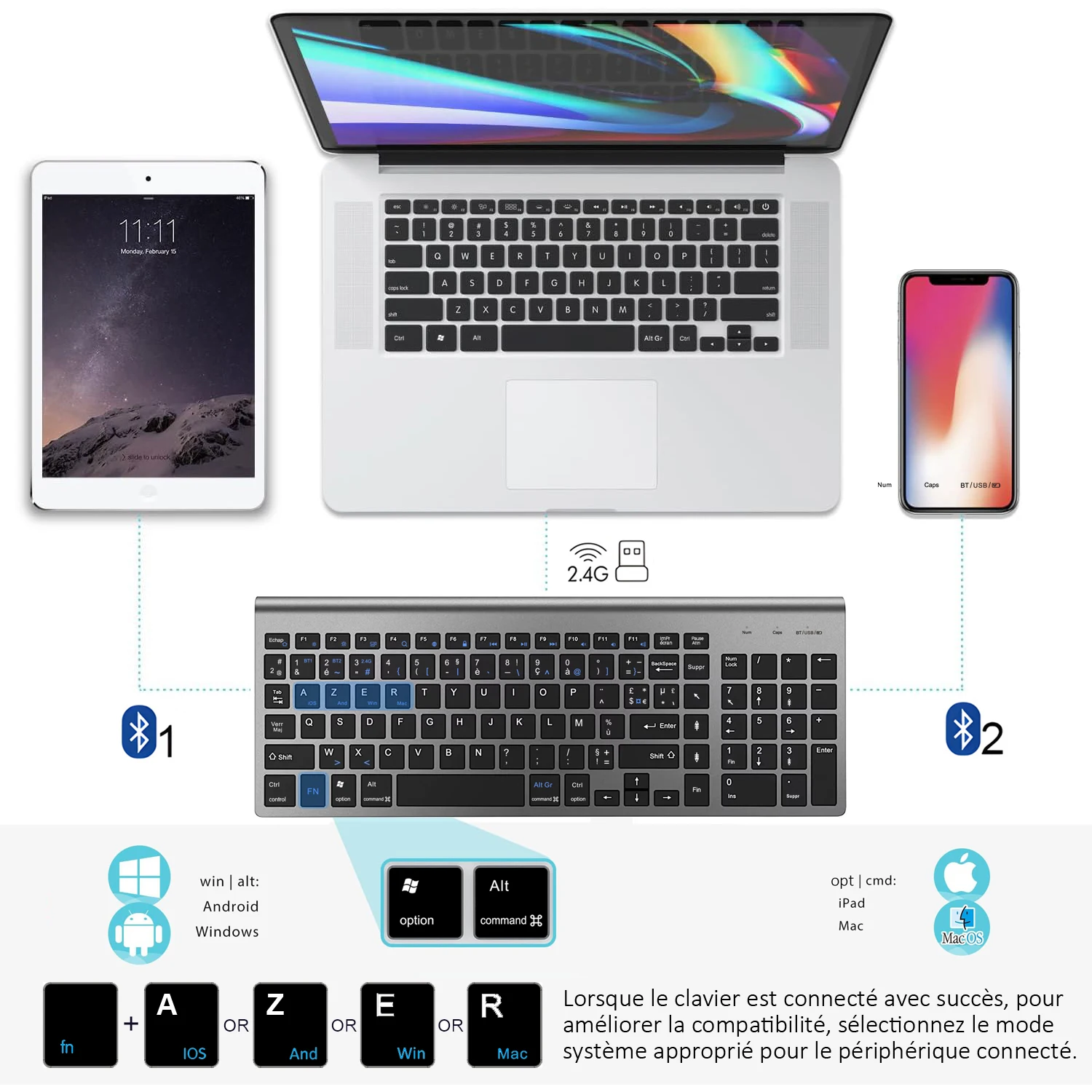 French Dual Mode Three Channel Bluetooth Keyboard and Mouse Combo AZERTY Layout Slim Quiet for PC Laptop Windows IOS Mac Android