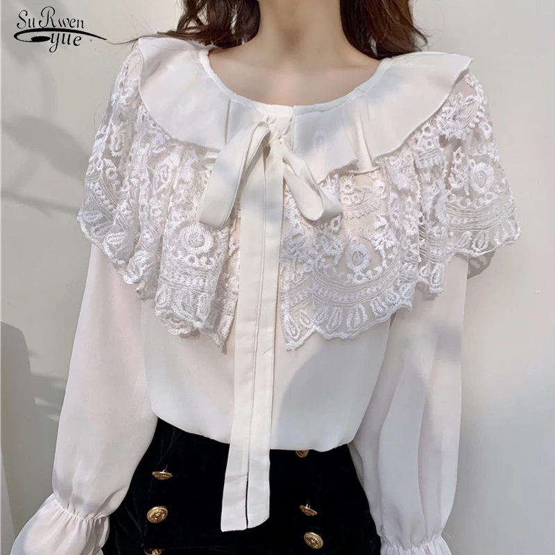 

2022 Spring Long-sleeve Peter Pan Collar Solid Shirt Ruffled Tie Lace Chiffon Blouse Vintage Crocheted Hollow Tops Blusas 17257