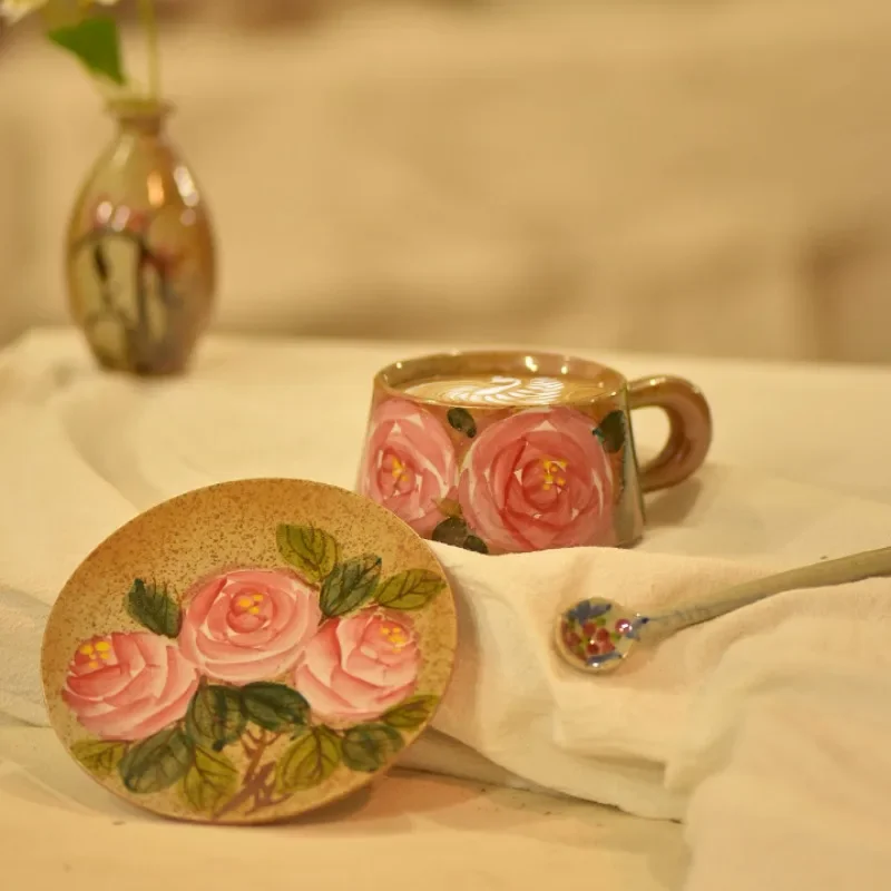 Hand-Painted Rose Coarse Pottery Coffee Cup Romantic Water Cup High-End Chinese Ceramic National Tide, Jingdezhen