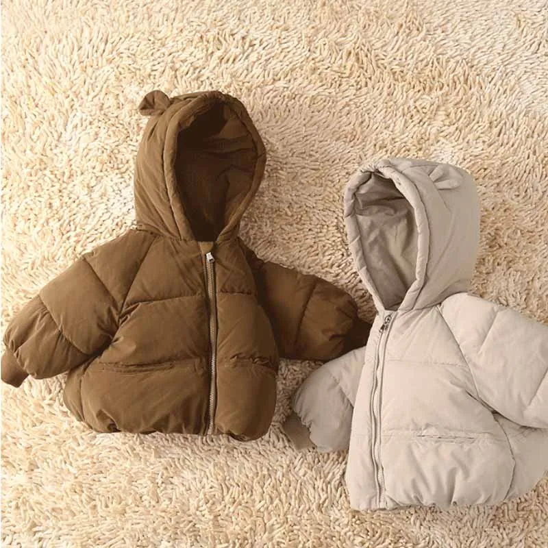2024 Baby Thickened Cotton Coat Boys Warm Hooded Zip Jacket Autumn Winter New Girls Solid Colour Casual Fashion Cute Outerwear